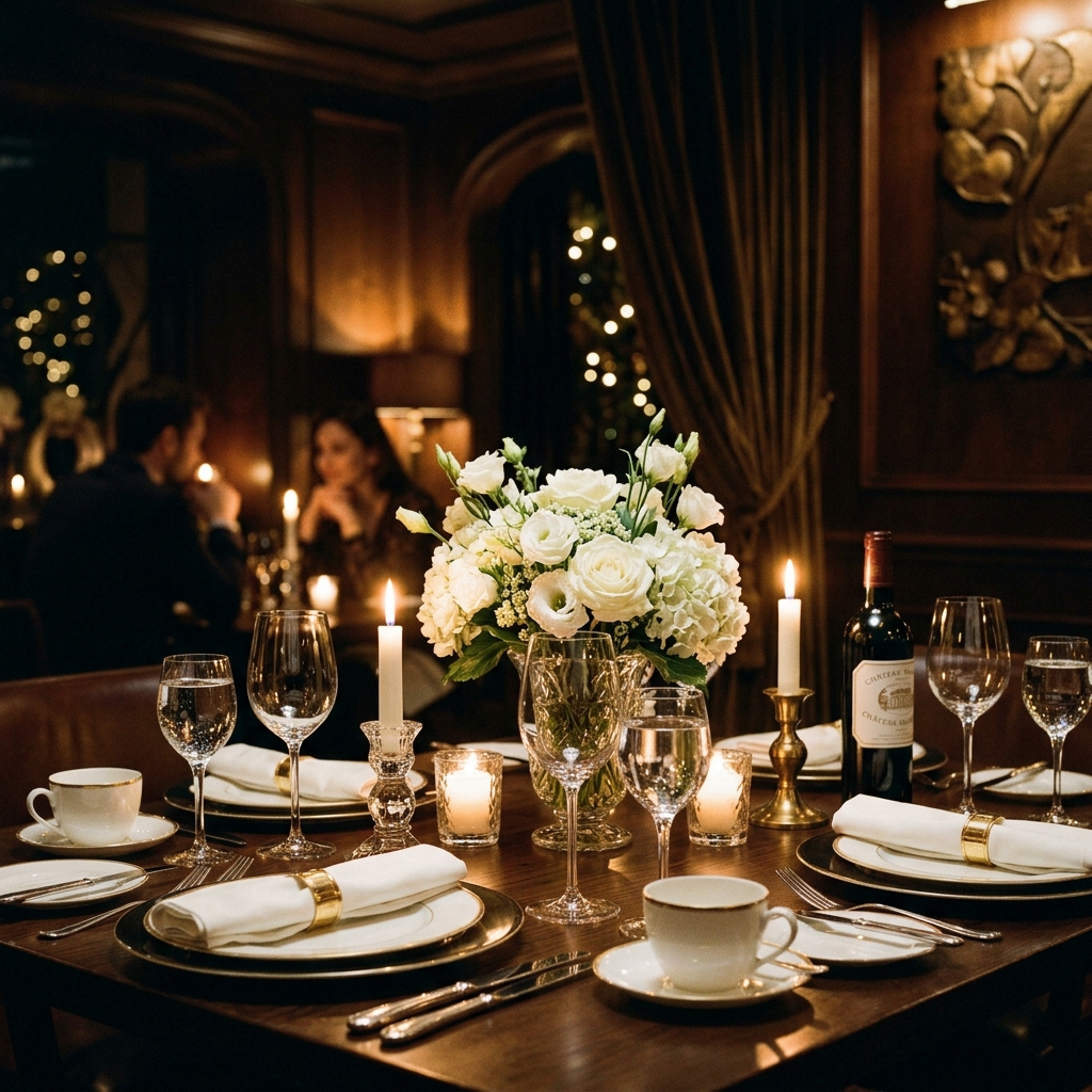 Intimate private dining table setting with crystal glasses and candles