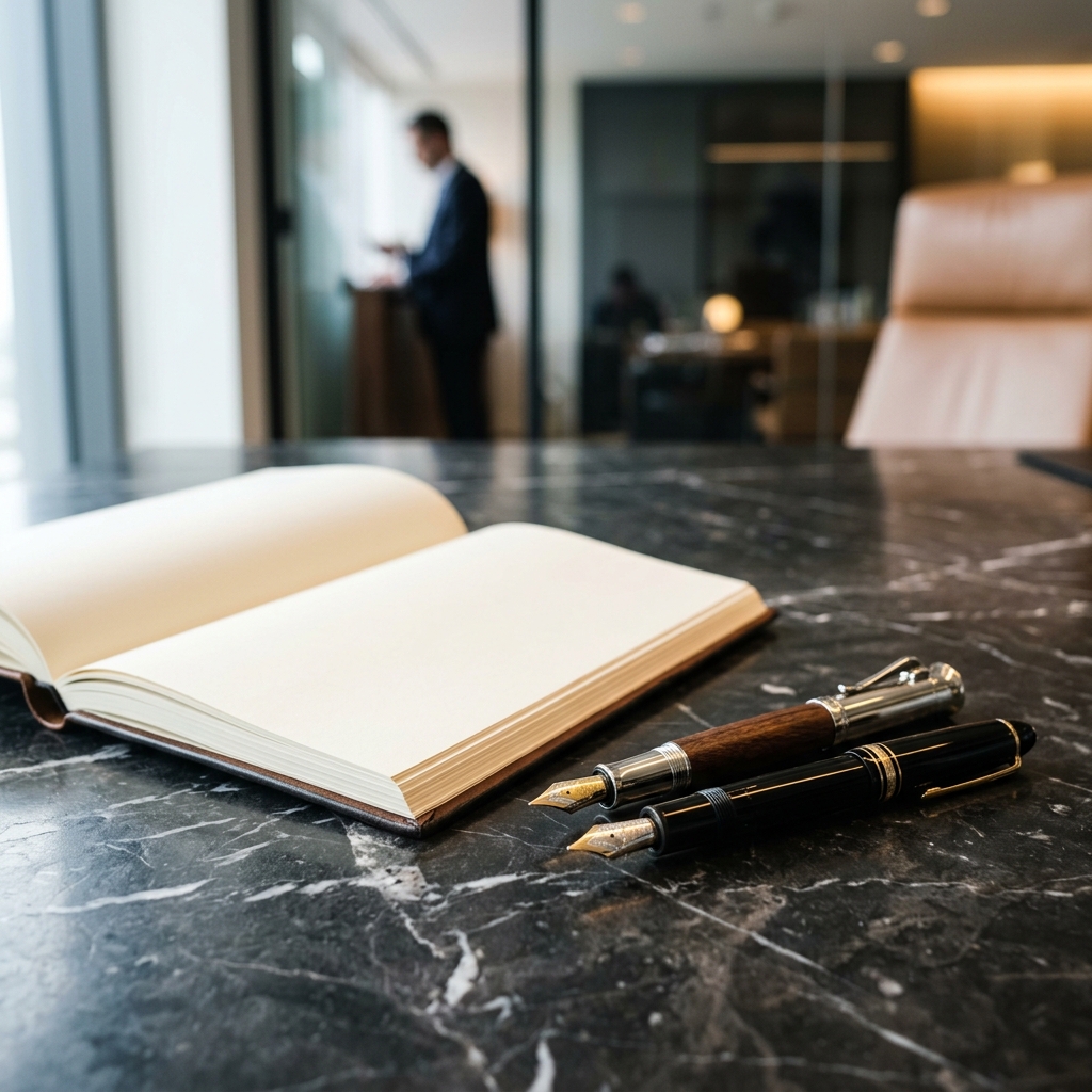 Luxury fountain pens on black marble desk